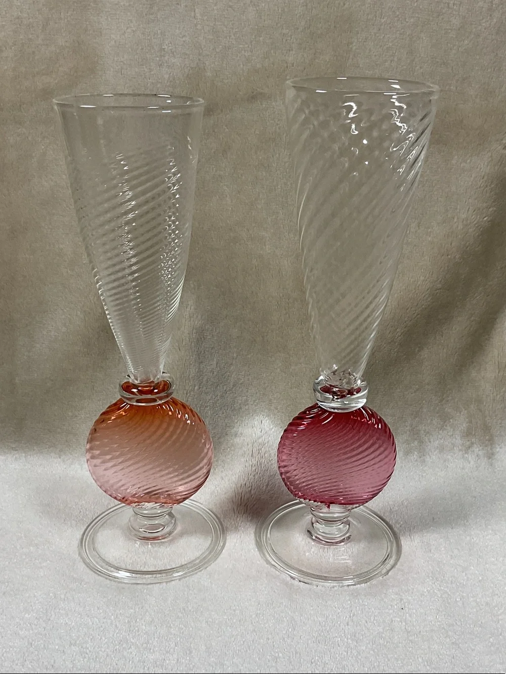 Handblown Glass Champagne Flutes with Pink and Coral Orb Stem